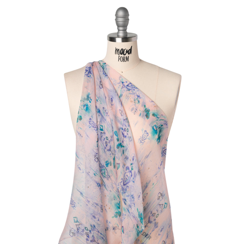Crinkled Silk Chiffon Print - Pale Pink, Blue and Teal Green Ikat Geometric and Florals - Deadstock - Drape