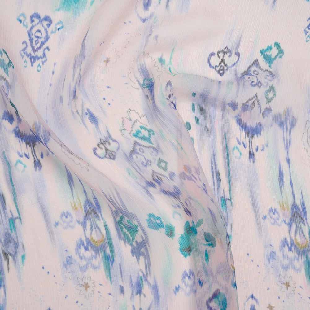 Crinkled Silk Chiffon Print - Pale Pink, Blue and Teal Green Ikat Geometric and Florals - Deadstock
