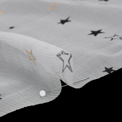 Crinkled Silk Chiffon Print - White, Black and Metallic Gold Stars - Deadstock