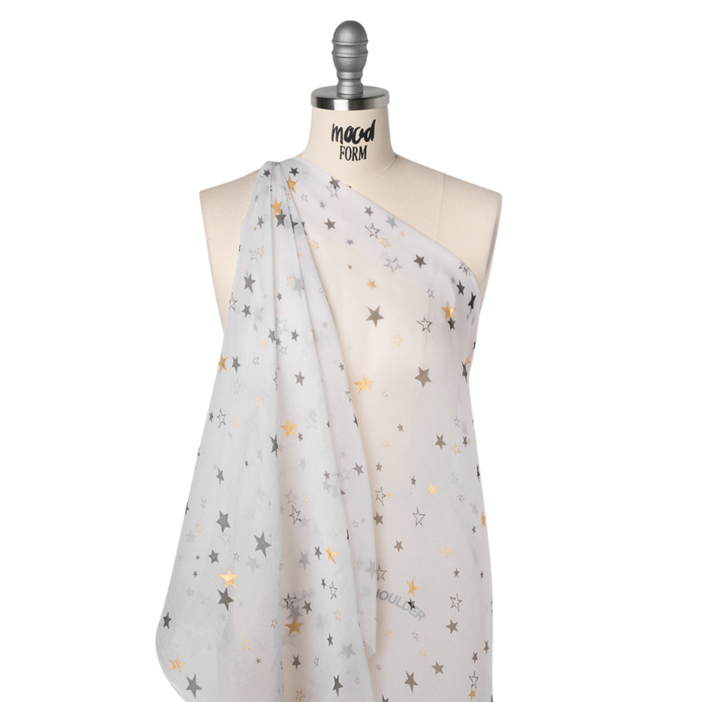 Crinkled Silk Chiffon Print - White, Black and Metallic Gold Stars - Deadstock - Drape