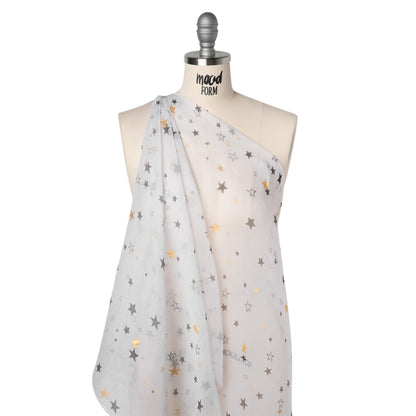 Crinkled Silk Chiffon Print - White, Black and Metallic Gold Stars - Deadstock