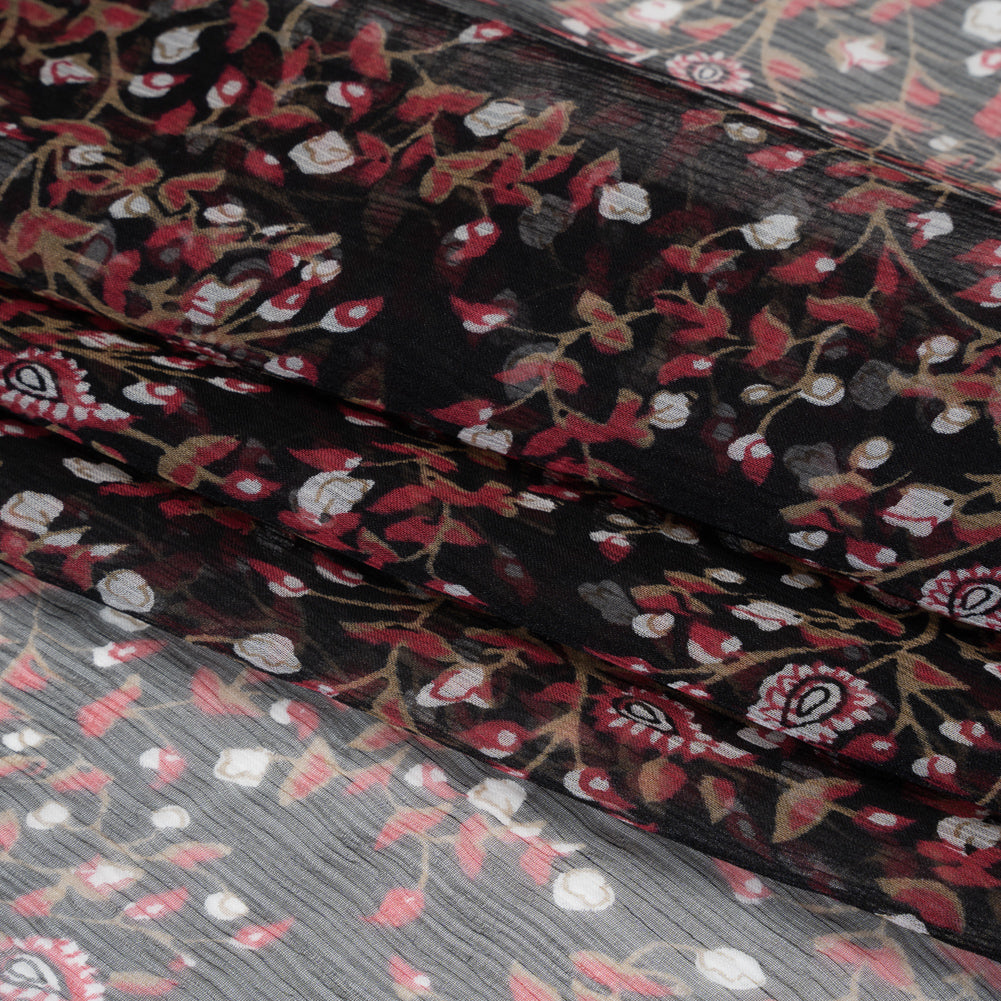 Crinkled Silk Chiffon Print - Red, Brown and Black Paisley and Budding Vines - Deadstock - Folded