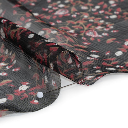 Crinkled Silk Chiffon Print - Red, Brown and Black Paisley and Budding Vines - Deadstock