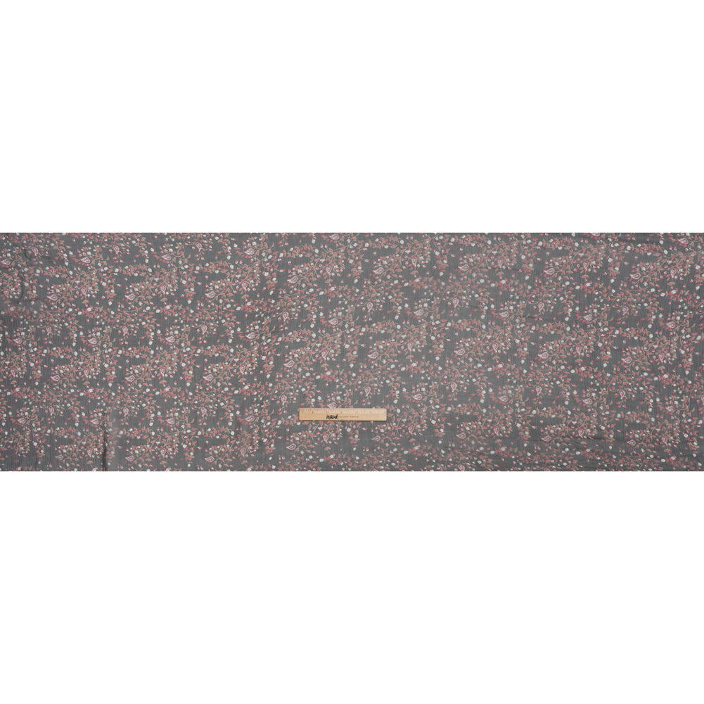 Crinkled Silk Chiffon Print - Red, Brown and Black Paisley and Budding Vines - Deadstock - Full