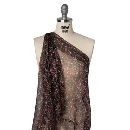 Crinkled Silk Chiffon Print - Red, Brown and Black Paisley and Budding Vines - Deadstock