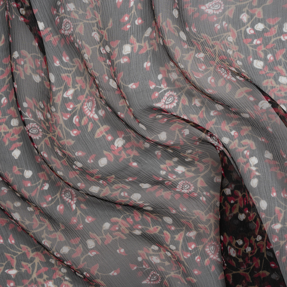 Crinkled Silk Chiffon Print - Red, Brown and Black Paisley and Budding Vines - Deadstock