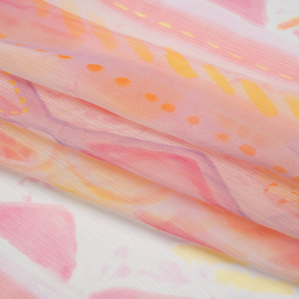 Crinkled Silk Chiffon Print - Pink, Pale Purple and Yellow Painterly Geometric Stripes - Deadstock - Folded