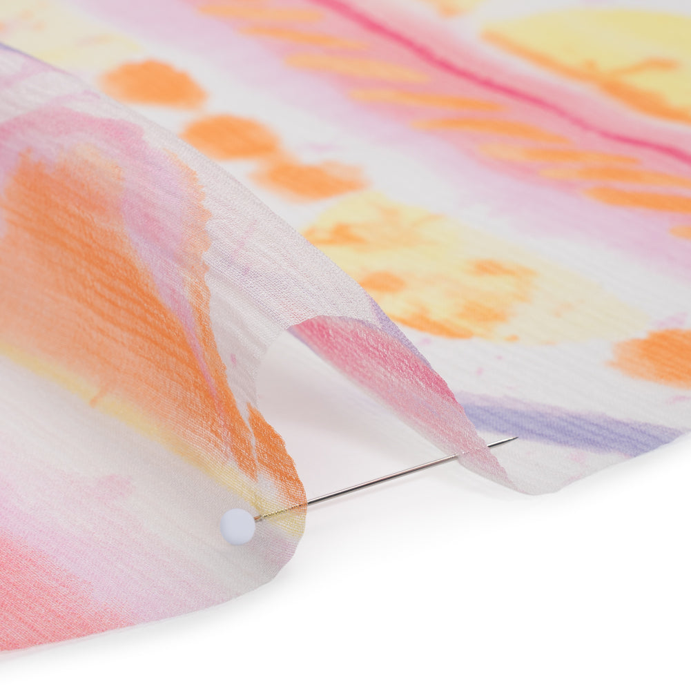 Crinkled Silk Chiffon Print - Pink, Pale Purple and Yellow Painterly Geometric Stripes - Deadstock - Detail