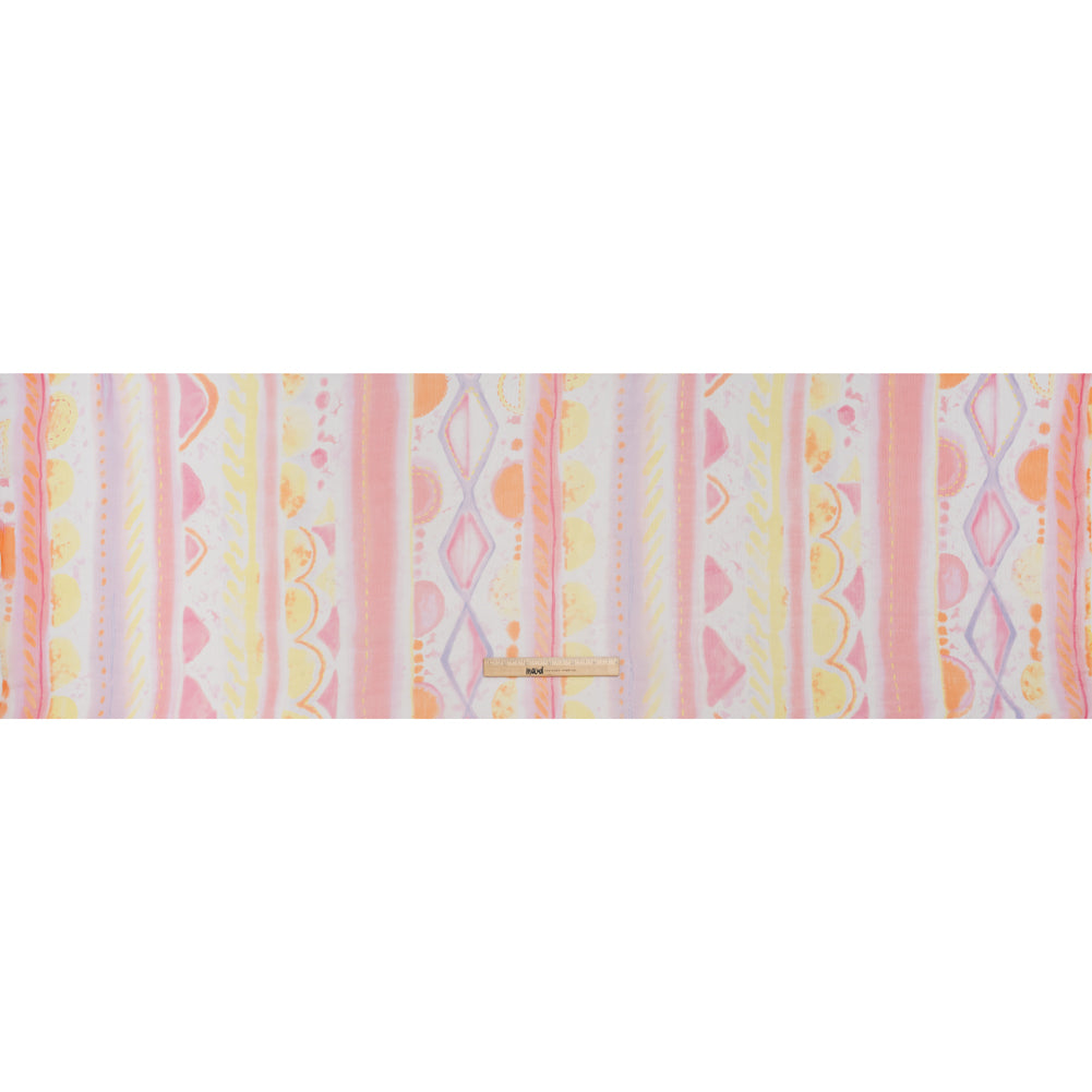 Crinkled Silk Chiffon Print - Pink, Pale Purple and Yellow Painterly Geometric Stripes - Deadstock - Full