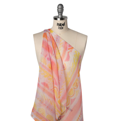 Crinkled Silk Chiffon Print - Pink, Pale Purple and Yellow Painterly Geometric Stripes - Deadstock