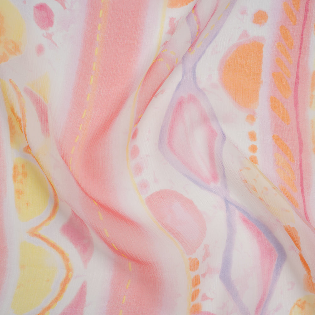 Crinkled Silk Chiffon Print - Pink, Pale Purple and Yellow Painterly Geometric Stripes - Deadstock
