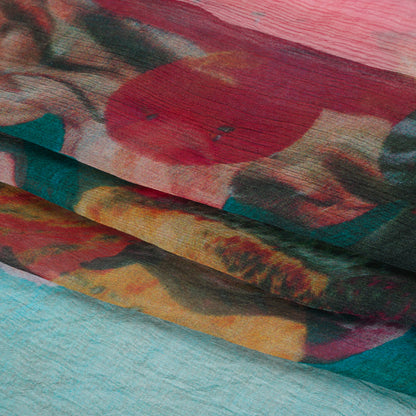 Crinkled Silk Chiffon Print - Dark Teal, Green and Red Abstract Florals - Deadstock