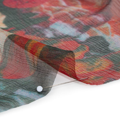 Crinkled Silk Chiffon Print - Dark Teal, Green and Red Abstract Florals - Deadstock