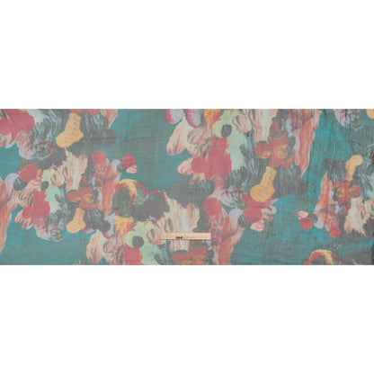 Crinkled Silk Chiffon Print - Dark Teal, Green and Red Abstract Florals - Deadstock