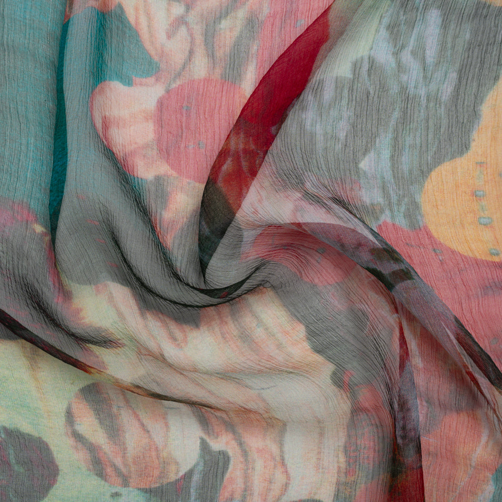 Crinkled Silk Chiffon Print - Dark Teal, Green and Red Abstract Florals - Deadstock