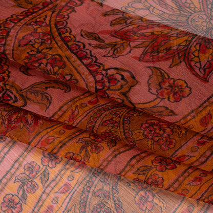Crinkled Silk Chiffon Print - Pink, Dark Orange and Red Paisley and Floral Stripe - Deadstock