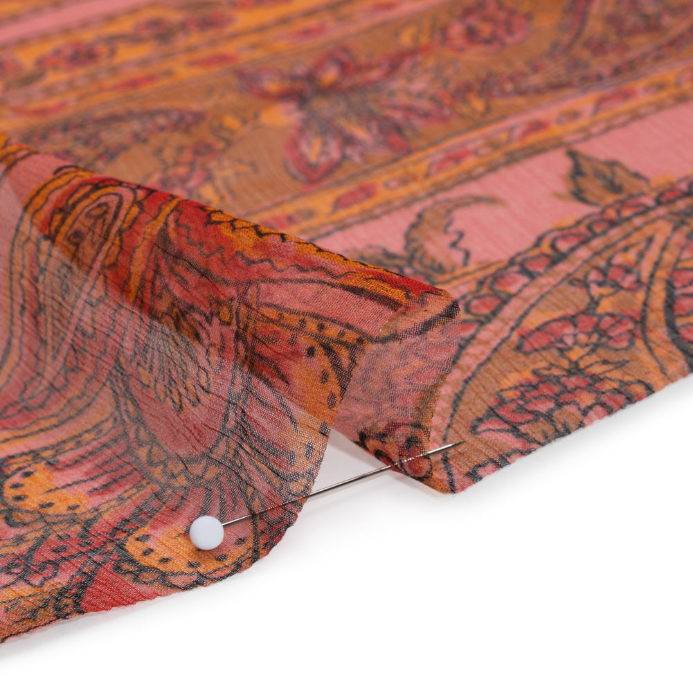 Crinkled Silk Chiffon Print - Pink, Dark Orange and Red Paisley and Floral Stripe - Deadstock - Detail