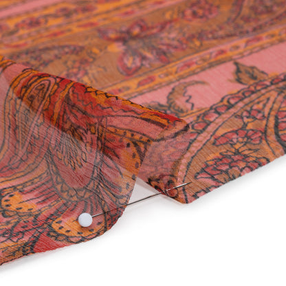 Crinkled Silk Chiffon Print - Pink, Dark Orange and Red Paisley and Floral Stripe - Deadstock