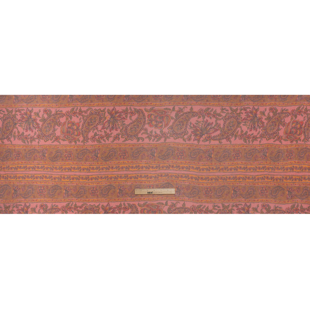 Crinkled Silk Chiffon Print - Pink, Dark Orange and Red Paisley and Floral Stripe - Deadstock - Full
