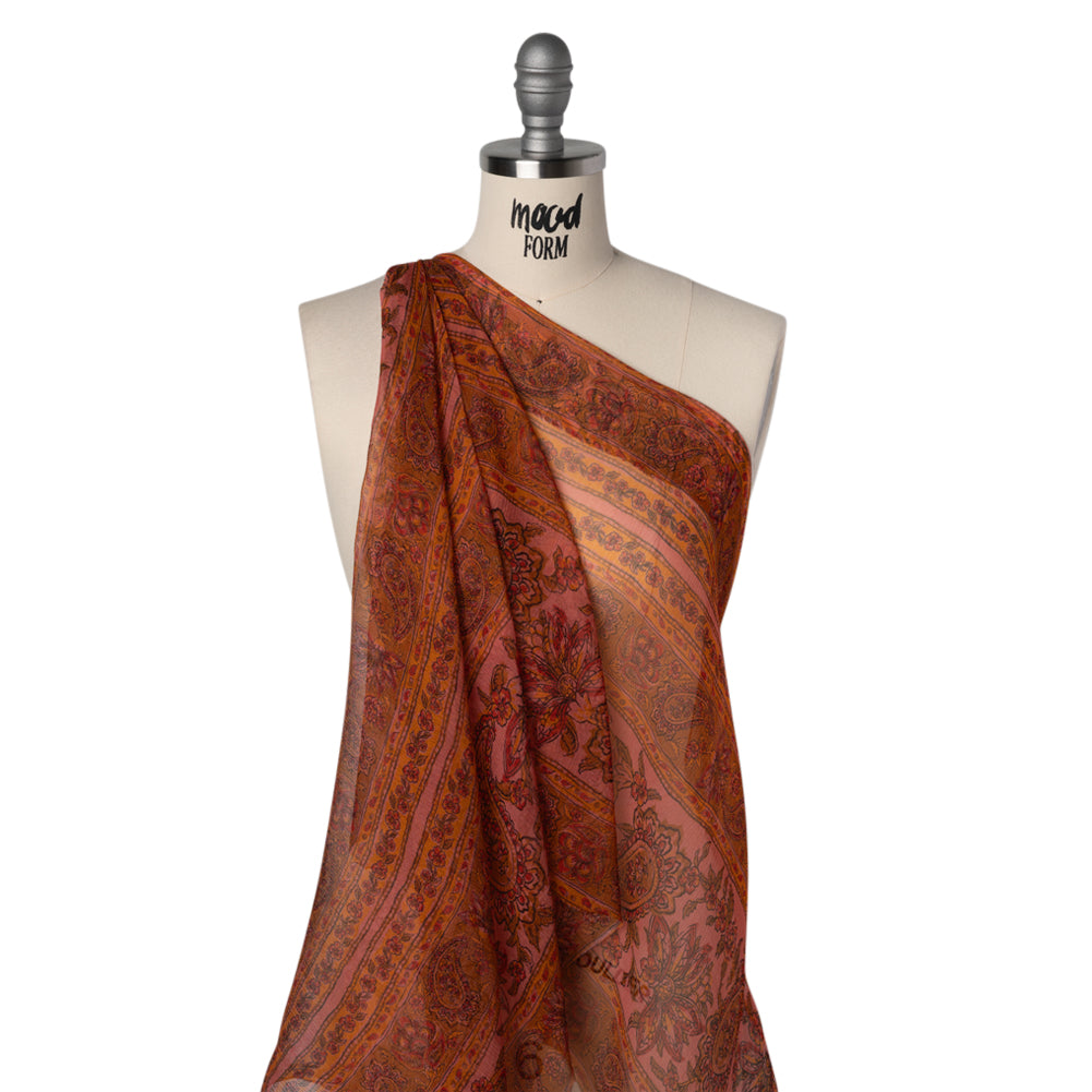 Crinkled Silk Chiffon Print - Pink, Dark Orange and Red Paisley and Floral Stripe - Deadstock - Drape