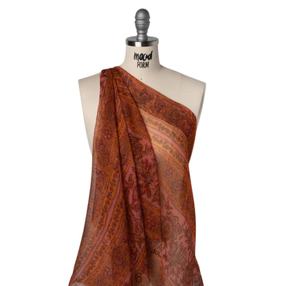 Crinkled Silk Chiffon Print - Pink, Dark Orange and Red Paisley and Floral Stripe - Deadstock