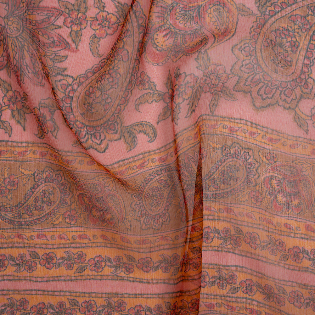 Crinkled Silk Chiffon Print - Pink, Dark Orange and Red Paisley and Floral Stripe - Deadstock