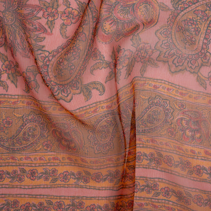 Crinkled Silk Chiffon Print - Pink, Dark Orange and Red Paisley and Floral Stripe - Deadstock