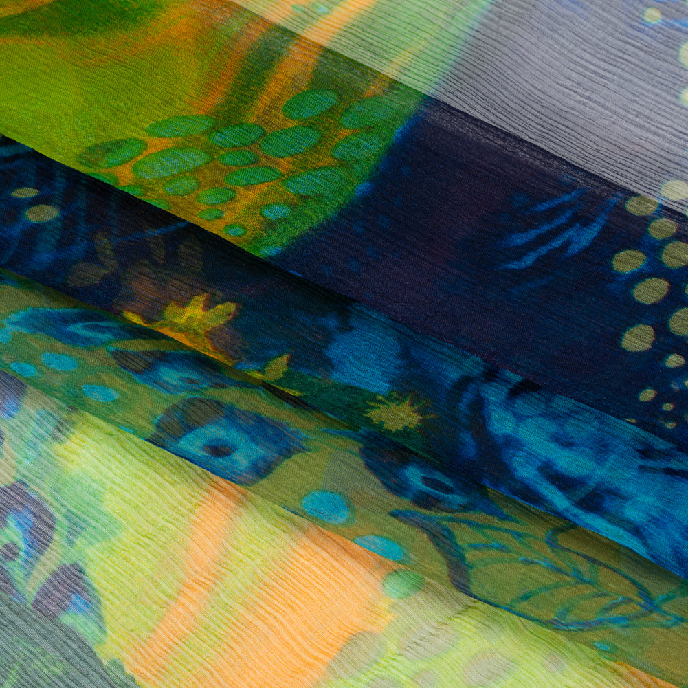 Crinkled Silk Chiffon Print - Green, Yellow and Blue Abstract Florals - Deadstock - Folded