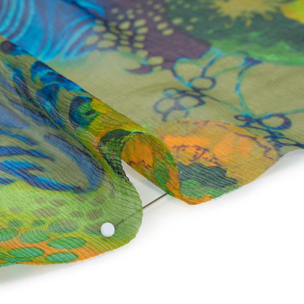Crinkled Silk Chiffon Print - Green, Yellow and Blue Abstract Florals - Deadstock - Detail