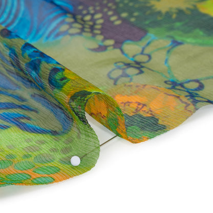 Crinkled Silk Chiffon Print - Green, Yellow and Blue Abstract Florals - Deadstock