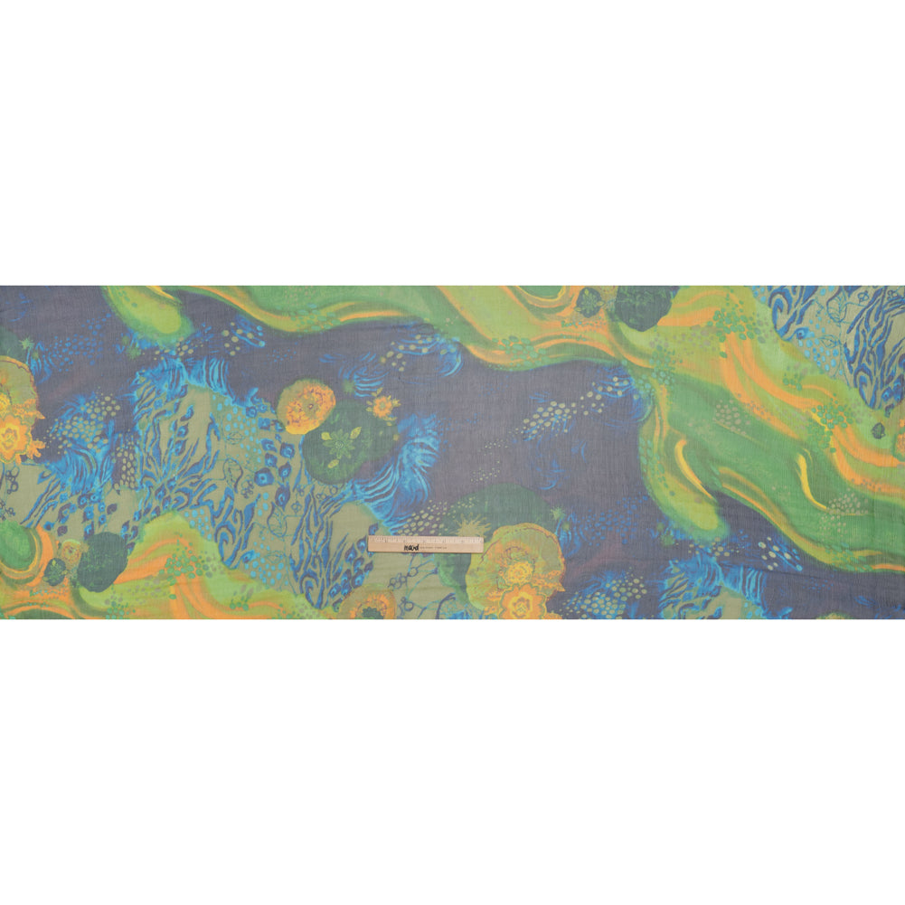 Crinkled Silk Chiffon Print - Green, Yellow and Blue Abstract Florals - Deadstock - Full