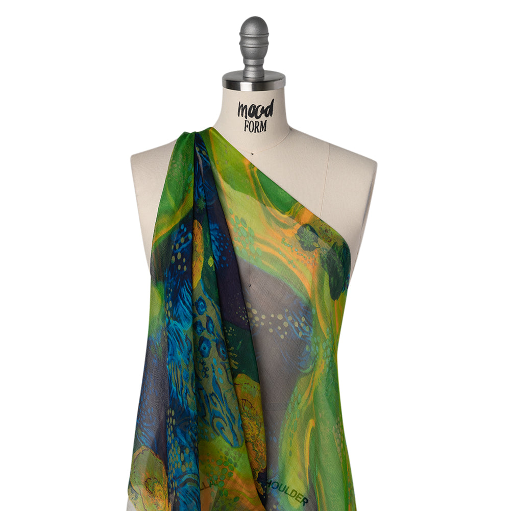 Crinkled Silk Chiffon Print - Green, Yellow and Blue Abstract Florals - Deadstock - Drape