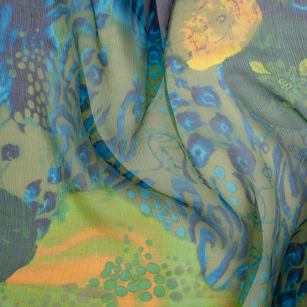 Crinkled Silk Chiffon Print - Green, Yellow and Blue Abstract Florals - Deadstock