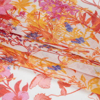 Crinkled Silk Chiffon Print - Red, Yellow and Orchid Pink Wildflowers - Deadstock