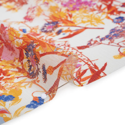Crinkled Silk Chiffon Print - Red, Yellow and Orchid Pink Wildflowers - Deadstock