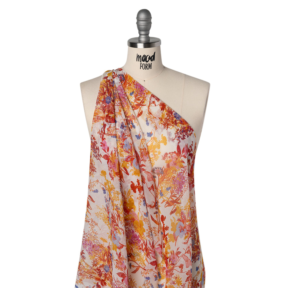Crinkled Silk Chiffon Print - Red, Yellow and Orchid Pink Wildflowers - Deadstock - Drape