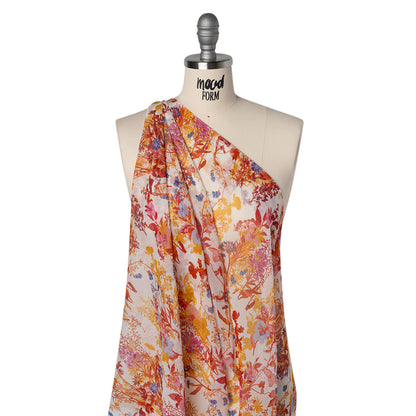 Crinkled Silk Chiffon Print - Red, Yellow and Orchid Pink Wildflowers - Deadstock