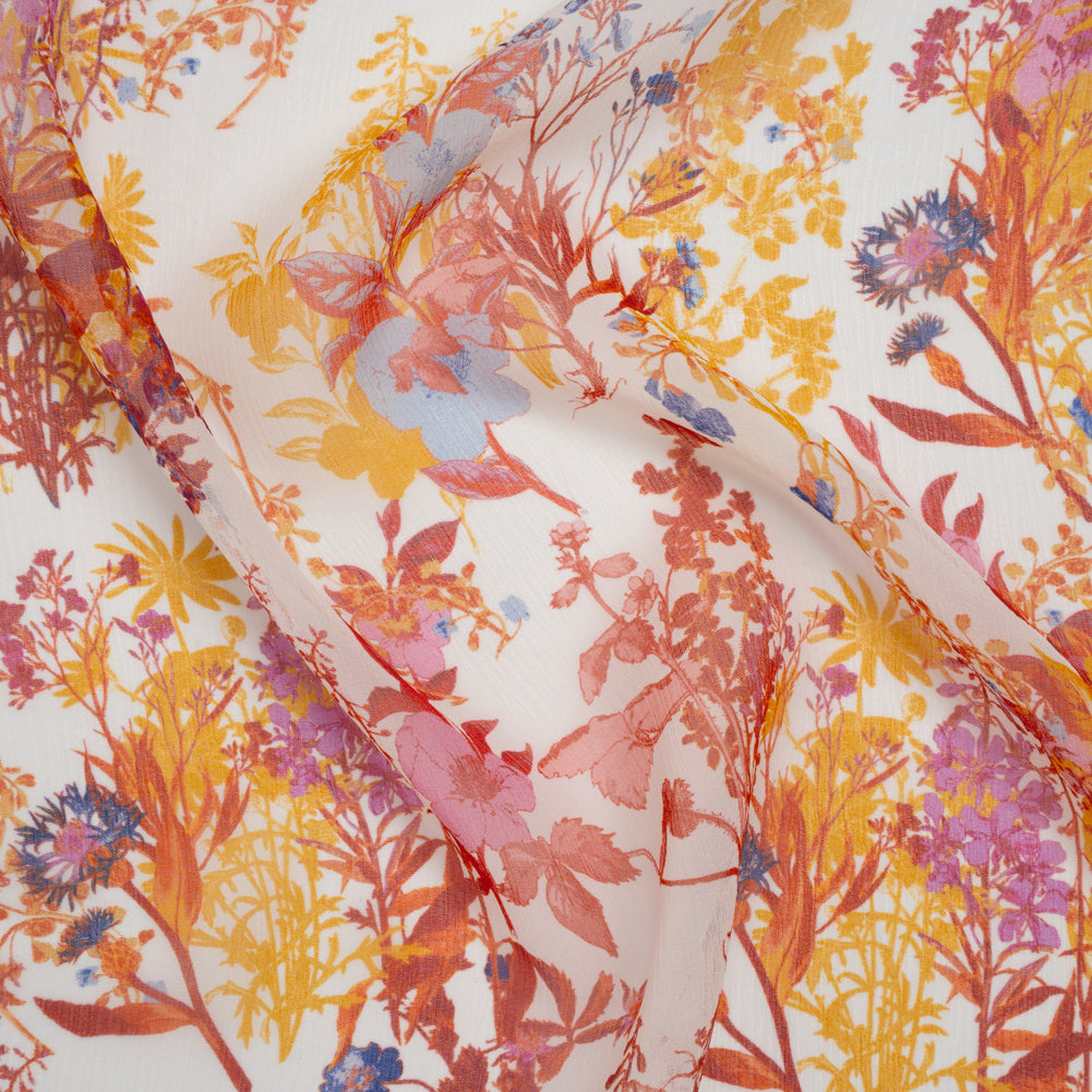 Crinkled Silk Chiffon Print - Red, Yellow and Orchid Pink Wildflowers - Deadstock