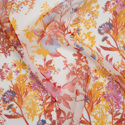 Crinkled Silk Chiffon Print - Red, Yellow and Orchid Pink Wildflowers - Deadstock