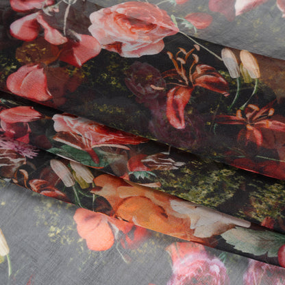 Silk Voile Print - Black, Red and Yellow Bouquets - Deadstock