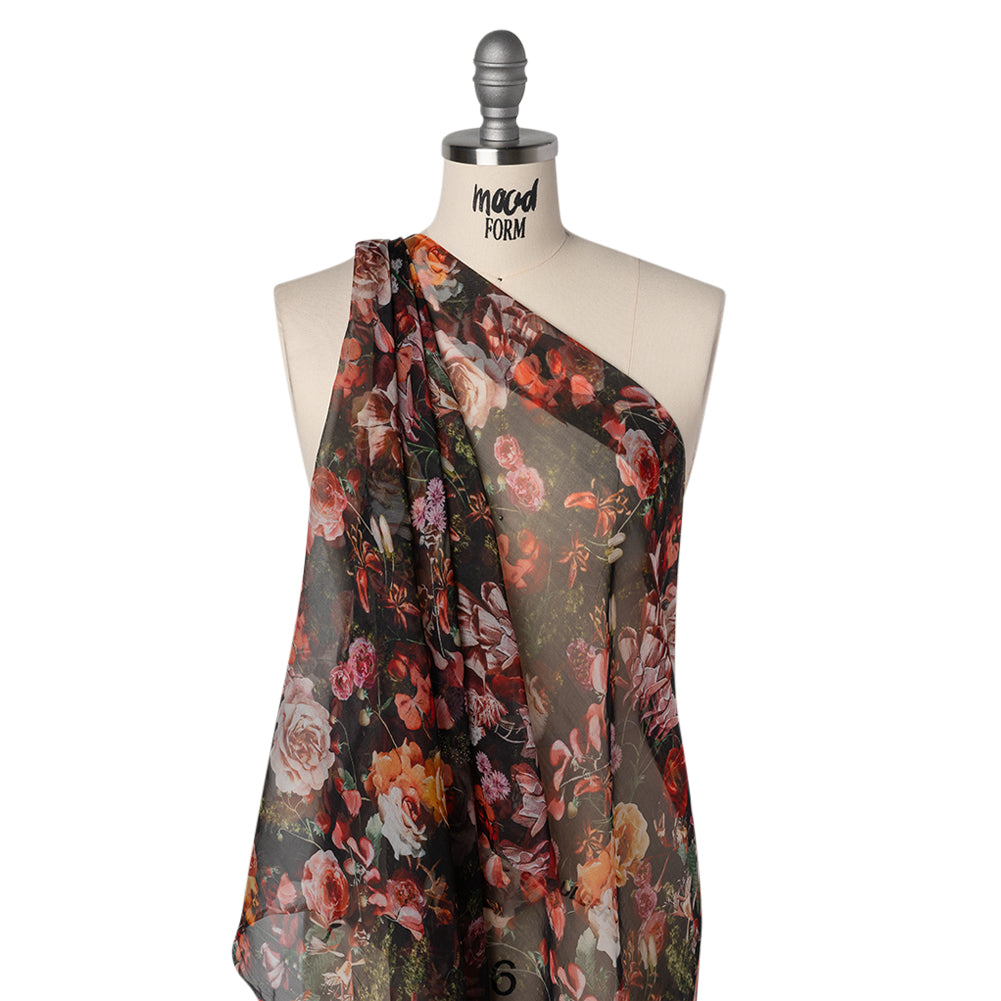 Silk Voile Print - Black, Red and Yellow Bouquets - Deadstock - Drape