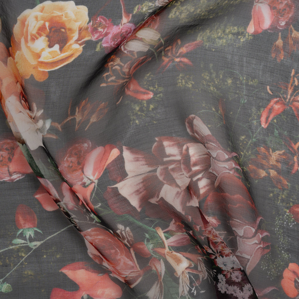 Silk Voile Print - Black, Red and Yellow Bouquets - Deadstock