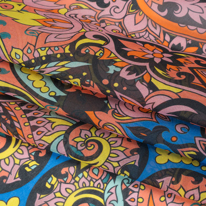 China Silk/Habotai Print - Orange, Pink and Blue Paisley Circus - Deadstock