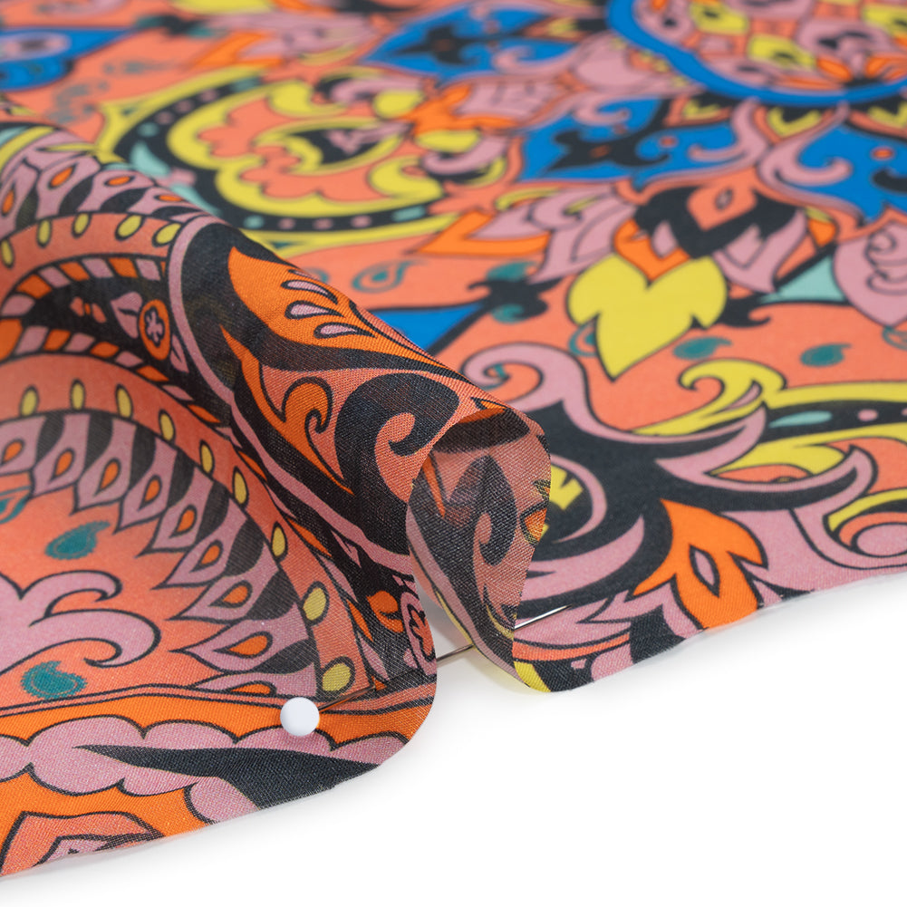 China Silk/Habotai Print - Orange, Pink and Blue Paisley Circus - Deadstock - Detail