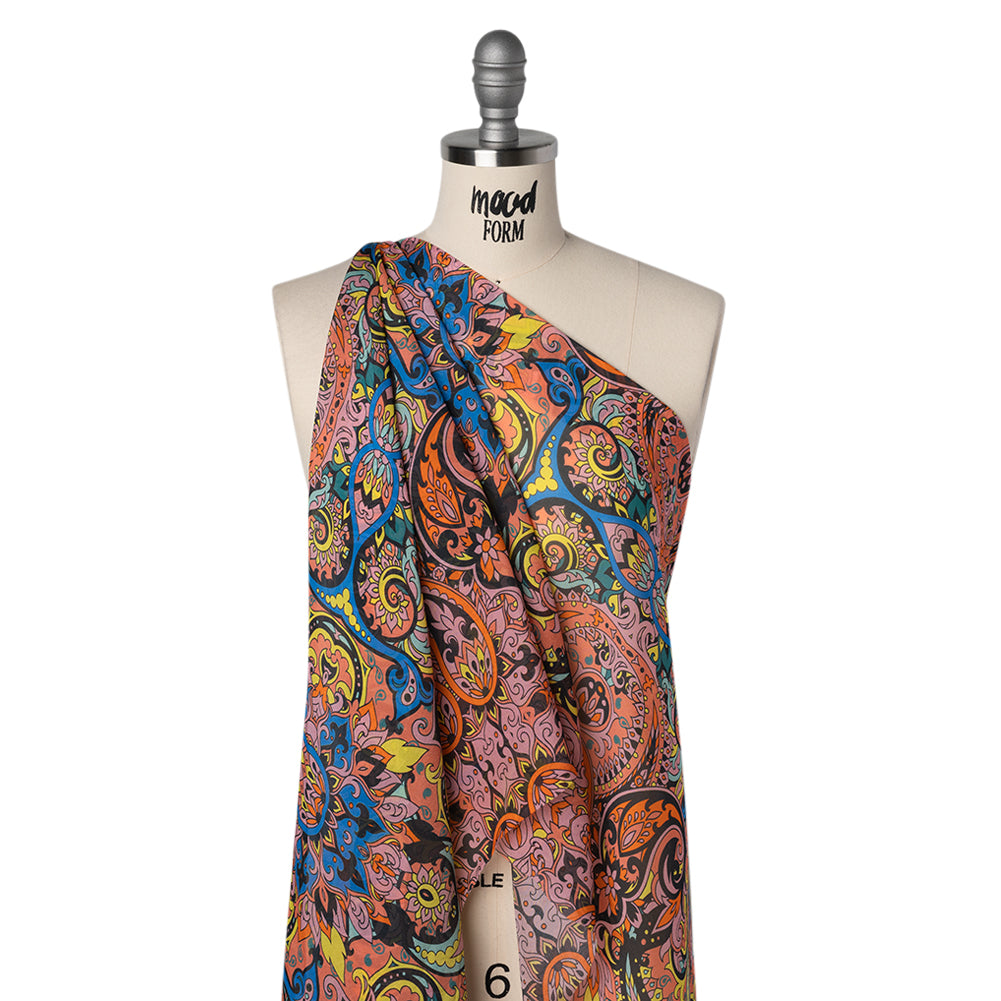 China Silk/Habotai Print - Orange, Pink and Blue Paisley Circus - Deadstock - Drape