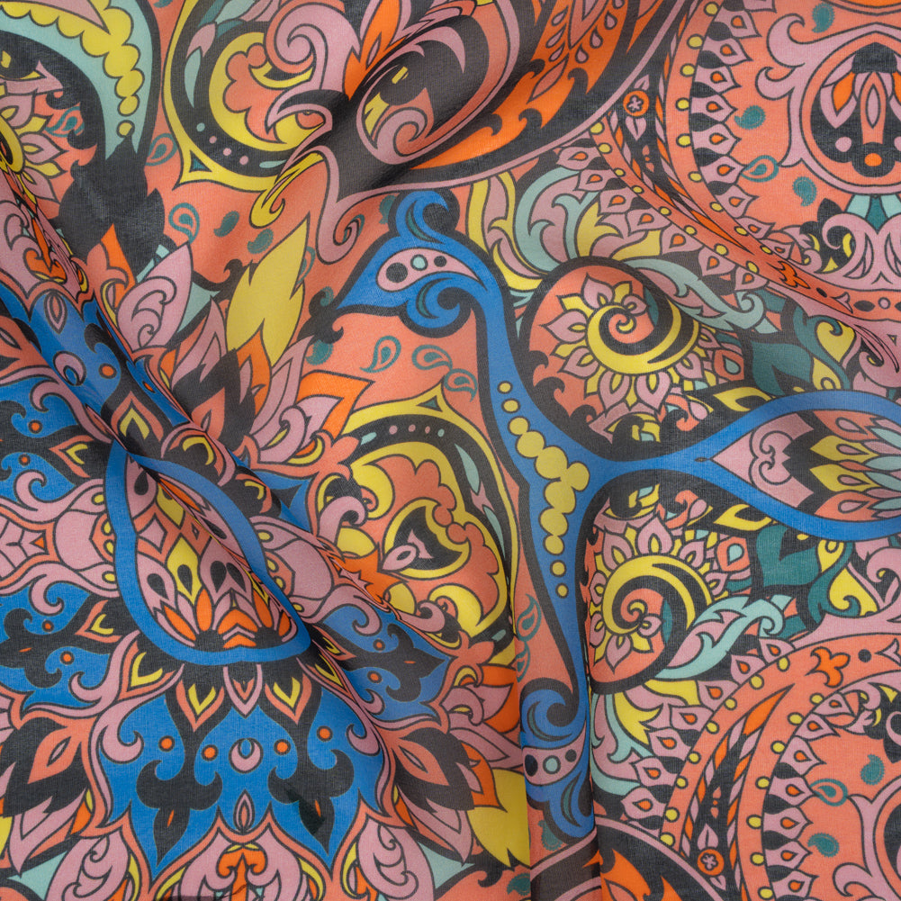 China Silk/Habotai Print - Orange, Pink and Blue Paisley Circus - Deadstock