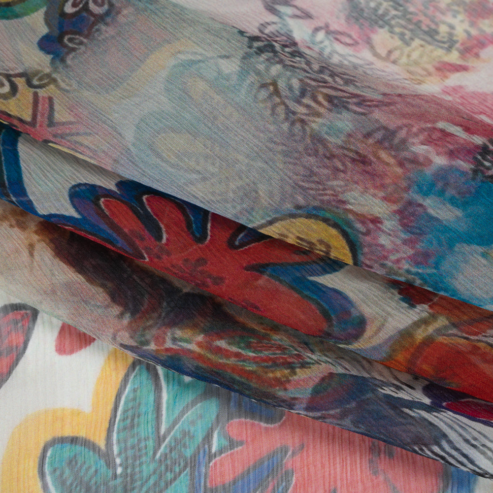 Crinkled Silk Chiffon Print - White, Pink and Yellow Floral - Deadstock - Folded