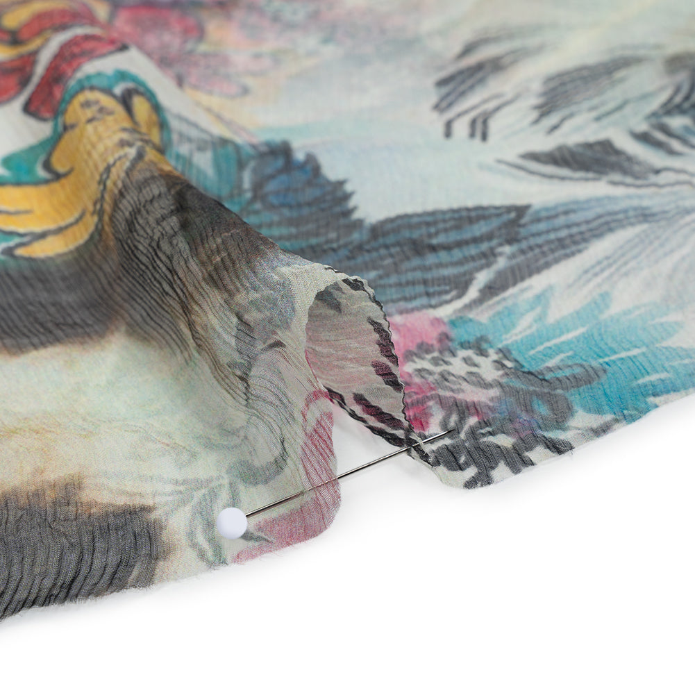 Crinkled Silk Chiffon Print - White, Pink and Yellow Floral - Deadstock - Detail