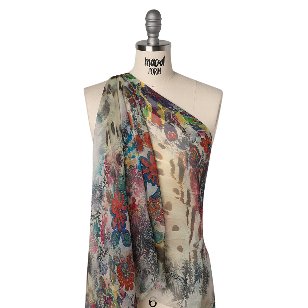 Crinkled Silk Chiffon Print - White, Pink and Yellow Floral - Deadstock - Drape