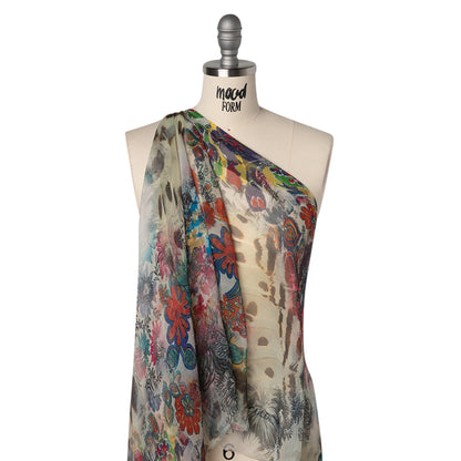 Crinkled Silk Chiffon Print - White, Pink and Yellow Floral - Deadstock